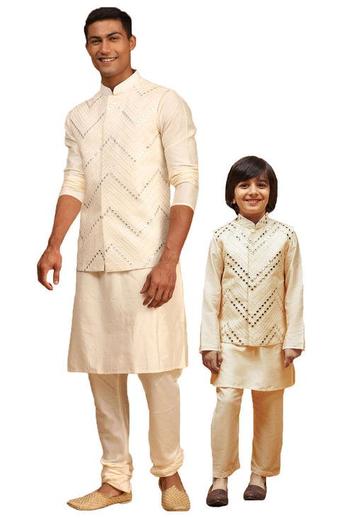 VASTRAMAY Cream Mirror Jacket With Cream Kurta and Pyjama Baap Beta Set